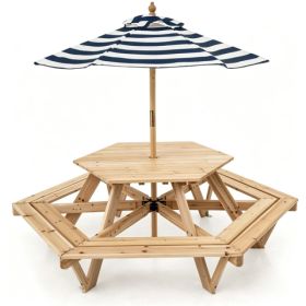 6-Seat Hexagonal Kids Picnic Table With Umbrella, Solid Fir Wood Outdoor Table & Bench Set For Backyard Garden, Age 3-8