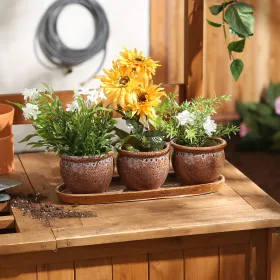 Set Of 3 Brown Round Ceramic Small Planters - Ideal For Indoor Plants