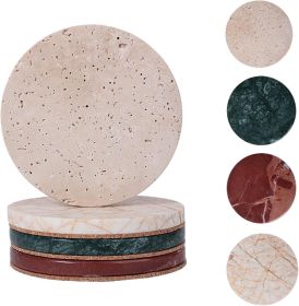 Natural Travertine Marble Coaster Set of 4-4 Inch Round Handmade Stone Drink Coasters, Absorbent & Non-Slip Cork Backing
