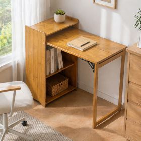 Bamboo Folding Desk, Foldable Desk for Small Space, Computer Desk with Hidden Storage, Mid Century Foldable Table for Home Office and Bedroom (Br