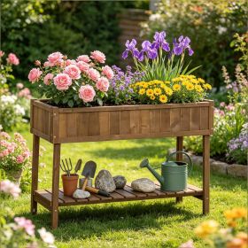 Dark Brown Wooden Raised Garden Bed Elevated Planter Box Stand with 8 Slots And Open Shelf for Gardening And Planting