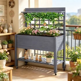 Gray 41'' Raised Garden Bed with Wheels Mobile Elevated Wooden Planter Box Stand Trellis And Storage Shelf for Outdoor Gardening