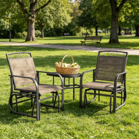 Brown Outdoor Patio Glider Chairs Set with Coffee Table 2-Seat Rocking Chair Swing And Breathable Sling for Backyard Garden Porch