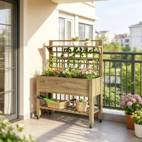 41 Inch Dark Brown Raised Garden Bed Mobile Elevated Wooden Planter Box with Wheels Trellis And Storage Shelf for Outdoor Gardening