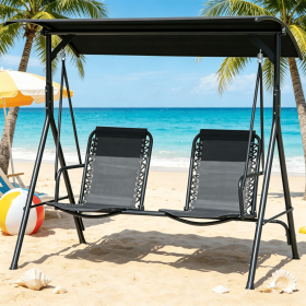 2-Seat Outdoor Porch Swing Black with Adjustable Canopy Cup Holders Pivot Storage Table Skid-Resistant Feet Pad Breathable Mesh Steel Frame Patio