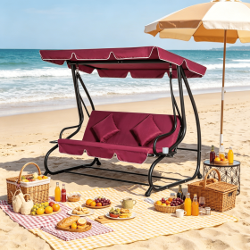 3-Seat Red Outdoor Patio Swing Chair with Adjustable Canopy Removable Cushion And Pillows Converts to Flatbed for Porch Garden Poolside Backyard
