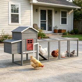 Extra Large 118'' Gray Chicken Coop with Asphalt Roof Wooden Hen Run Slide-Out Tray Nesting Box for 3-6 Chickens