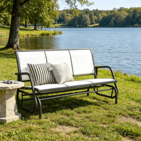 3-Person Outdoor Patio Glider Bench Porch Swinging Chair with Breathable Mesh Fabric Cream White Metal Frame for Porch Decor