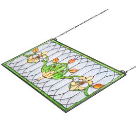 Stained Glass Window Panel, 32 x 17 in, Tiffany Style Hanging Transom Window Panel with Chain, Large Horizontal Rectangle Stain Glass