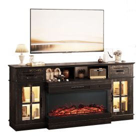 70-inch Black Gold Oak Electric Fireplace TV Stand - 2 Lattice Glass Doors, 2 Drawers & Shelf, Compatible with 36" 3-Sided Glass Insert