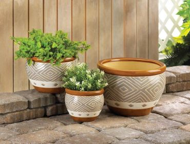 Earth-Tone Planter Trio Set With Decorative Trim - Perfect For Indoor And Outdoor Gardening